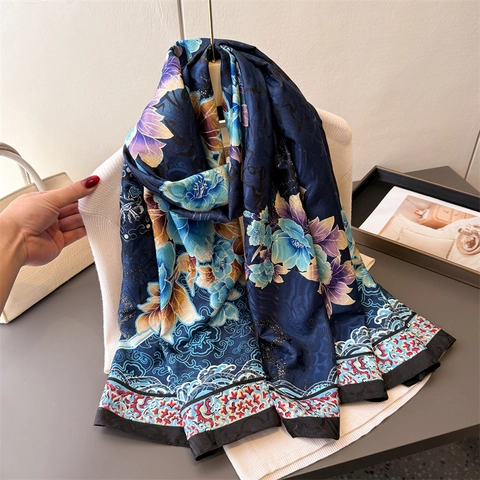 Elegant Satin Like Scarf Women Floral Peony Print Chinese Calligraphy Shawl Lightweight Sun Protection Polyester Wrap