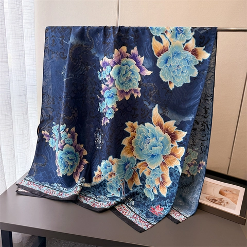 Elegant Satin Like Scarf Women Floral Peony Print Chinese Calligraphy Shawl Lightweight Sun Protection Polyester Wrap