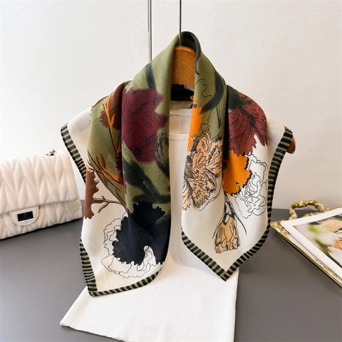 Foulard Carré Polyester Sensation Satin Imprimé Floral Texture Chevrons Style Français Vintage Petit Foulard De Cou