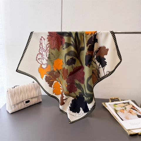 Foulard Carré Polyester Sensation Satin Imprimé Floral Texture Chevrons Style Français Vintage Petit Foulard De Cou