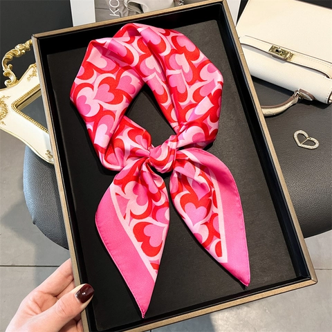 Foulard Quadrato Da Donna Imitazione Raso Poliestere Satin Stampa Cuore Onda Elegante Cravatta Da Collo Accessorio Versatile