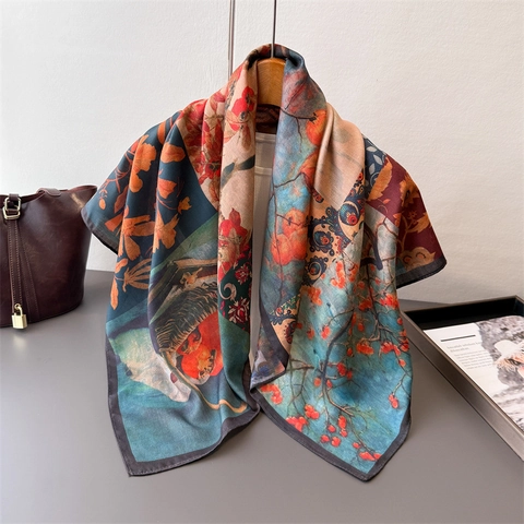 Elegant Square Scarf Polyester Satin Floral Monogram Print Satin Feeling Shawl Hair Wrap For Women Fashion Accessory