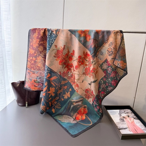 Elegant Square Scarf Polyester Satin Floral Monogram Print Satin Feeling Shawl Hair Wrap For Women Fashion Accessory