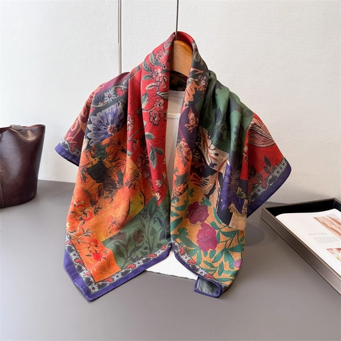 Women Satin Feeling Polyester Square Scarf Vintage Floral Print Sun Protection Shawl Elegant Headwrap Large Hair Kerchief
