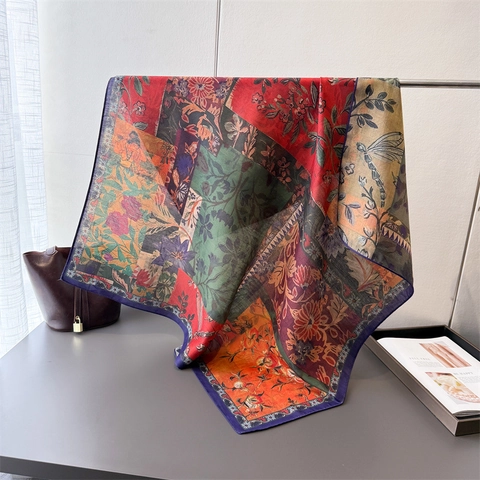 Women Satin Feeling Polyester Square Scarf Vintage Floral Print Sun Protection Shawl Elegant Headwrap Large Hair Kerchief