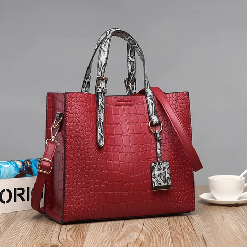Damen Krokodilmuster PU Leder Tote Bag Mit Schlangenmuster Griff Große Kapazität Schultertasche