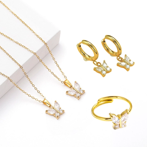 Butterfly Necklace Earrings And Ring Jewelry Titanium Steel 18K Gold Plated Zircon Inlaid Fashion Elegant Women Accessory