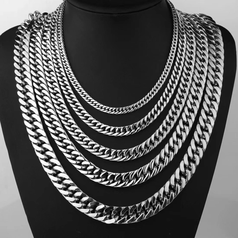 Men Stainless Steel Cuban Link Chain Necklace Double Buckle Polished Silver Hip Hop Jewelry Gift For Him