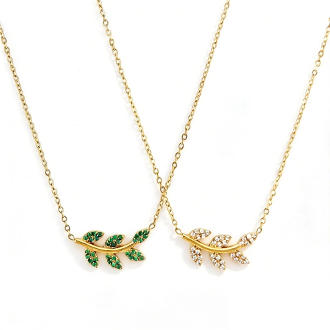 Collier Pendentif Feuille en Acier Inoxydable et Zirconium Plaqué Or 18K Branche d'Olivier Chaîne de Clavicule Bijoux Femme
