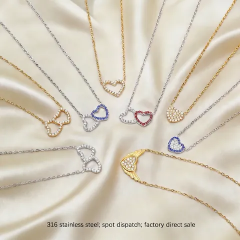 Collana con Pendente a Cuore in Acciaio Inossidabile 316 da Donna Placcato Oro Argento Elegante Cuore Ali Zircone Gioielli