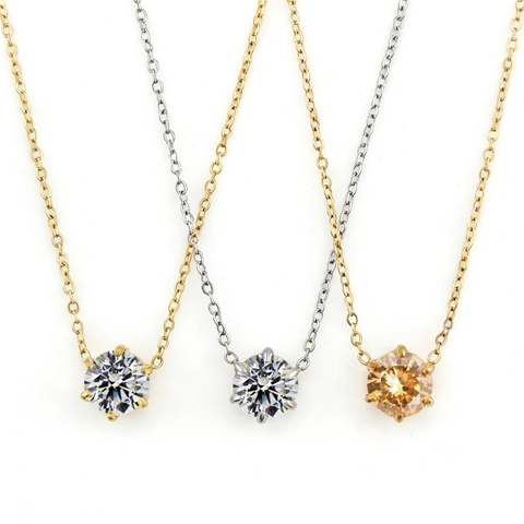 Collana Solitario Elegante Zircone Castone Sei Griffe Taglio Rotondo Placcato Oro 18K Acciaio Inossidabile Gioielli Da Donna