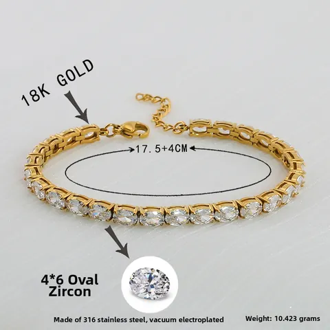 18K Vergoldet Edelstahl Oval Zirkonia Tennis Armband Hip Hop Premium Verstellbare Kette Unisex Schmuck Geschenk