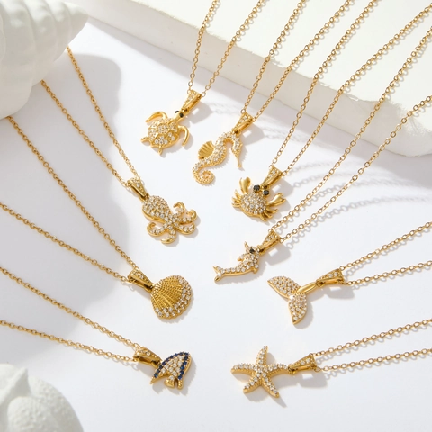 Collana Pendente Animale Marino Acciaio Inossidabile Zirconia Tartaruga Marina Stella Marina Delfino Gioielli Da Vacanza Donne