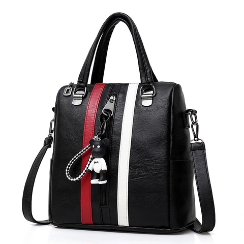 Zaino da Donna alla Moda in Pelle PU con Strisce a Contrasto Borsa a Spalla e a Mano Multifunzione con Ciondolo a Orso