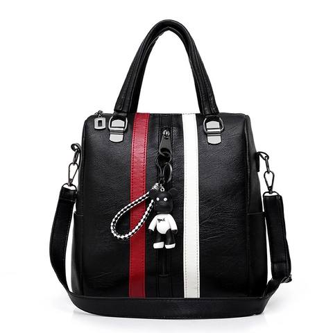Zaino da Donna alla Moda in Pelle PU con Strisce a Contrasto Borsa a Spalla e a Mano Multifunzione con Ciondolo a Orso