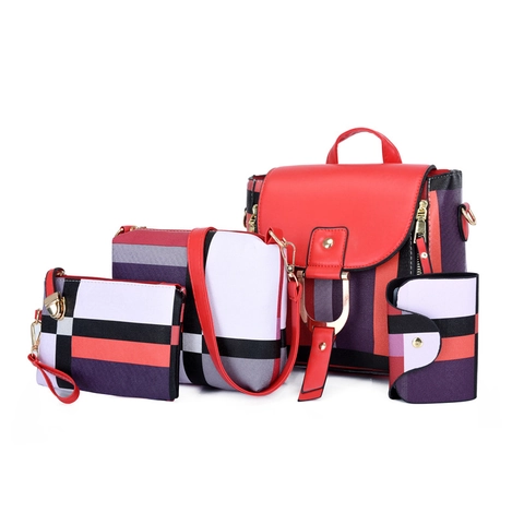 Women Fashion Plaid Backpack Crossbody Bag Clutch And Wallet Set PU Leather Contrast Color Check Handbag For Daily Travel