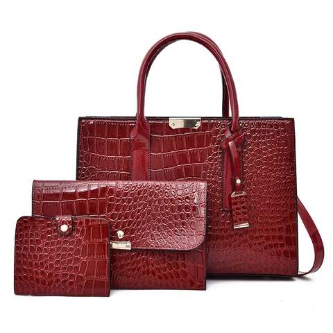 Women Glossy PU Leather Crocodile Pattern Handbag Crossbody Bag And Wallet Large Capacity Top Handle Elegant Functional