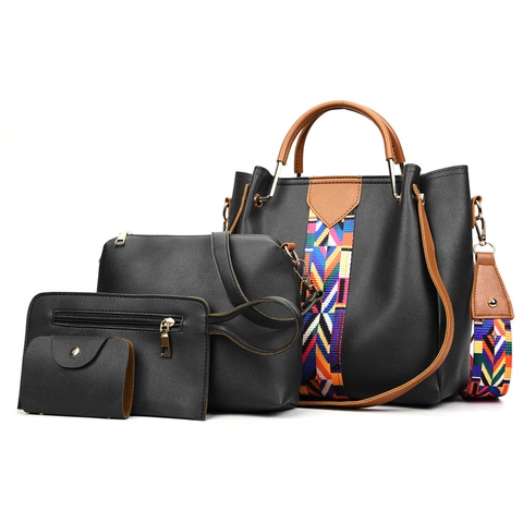 Dames Mode Vierdelige Set Handtas Shopper Crossbody Tas PU Lederen Schoudertas Met Etnische Stijl Band