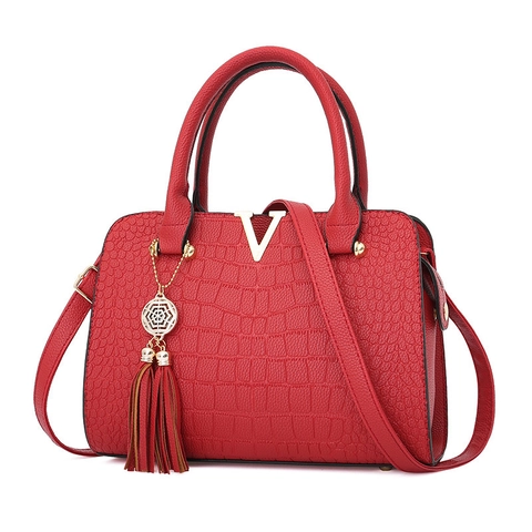 Borsa A Mano Da Donna In Pelle PU Goffrata Coccodrillo Con Logo V In Metallo Dorato E Ciondolo Con Nappina Tracolla