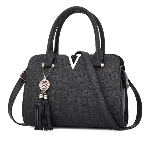Borsa A Mano Da Donna In Pelle PU Goffrata Coccodrillo Con Logo V In Metallo Dorato E Ciondolo Con Nappina Tracolla