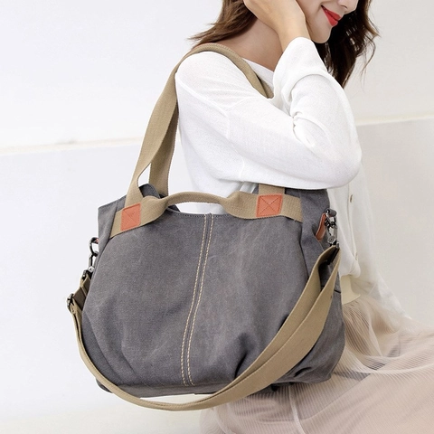 Women Canvas Handbag Large Capacity Shoulder Crossbody Bag Vintage Commuting Tote With Adjustable Strap