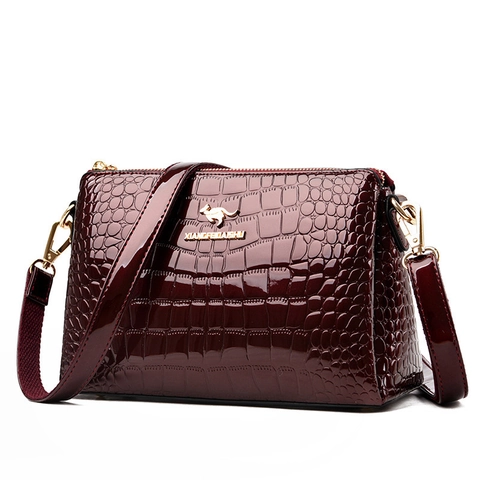 Sac Bandoulière Femme Cuir PU Verni Gaufré Crocodile Sac Épaule Main Compartiments Multiples Matériel Doré Élégant