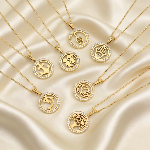 Collier Pendentif Rond Ajouré Vintage Pour Femmes Acier Au Titane Zircone Main De Fatma Arbre De Vie Lotus Étoile Bijoux