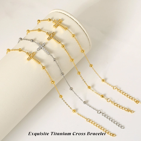 Bracelet Croix en Acier Inoxydable 316 avec Zirconium Plaqué Or 18K Perle de Métal Chaîne Réglable Bijoux pour Femme