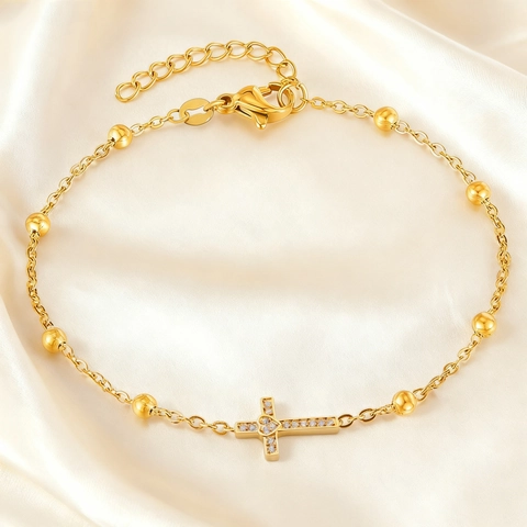 Bracelet Croix en Acier Inoxydable 316 avec Zirconium Plaqué Or 18K Perle de Métal Chaîne Réglable Bijoux pour Femme