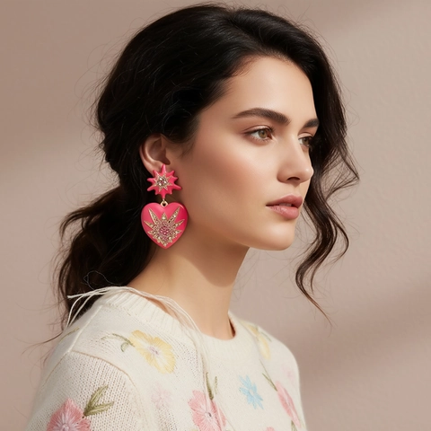 Herz Ohrhänger Mit Edelstahlstecker Rosa Emaille Sternmuster Strass Y2K Retro Schmuck Für Frauen