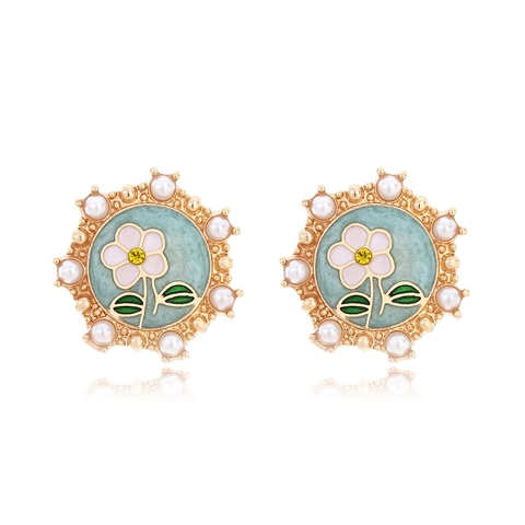 Boucles Oreilles Puces Florales Rétro Alliage Zinc Émail Avec Künstliche Perle Imitation Et Strass Style Pastoral Élégant Pour Femmes