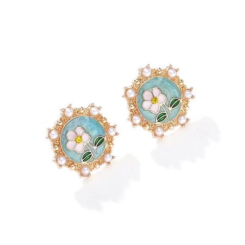 Boucles Oreilles Puces Florales Rétro Alliage Zinc Émail Avec Künstliche Perle Imitation Et Strass Style Pastoral Élégant Pour Femmes
