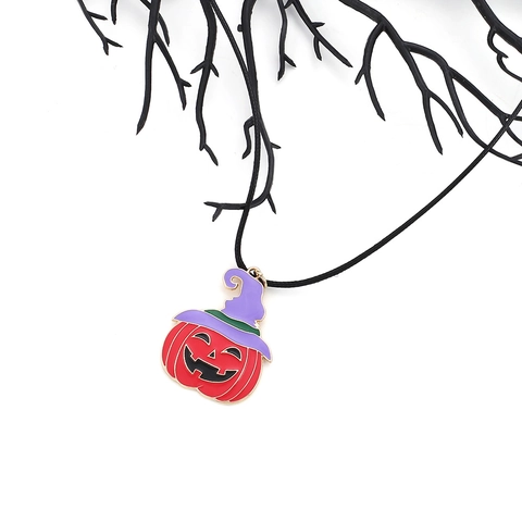 Halloween Pompoen Hanger Ketting Zinklegering Emaille Heksenhoed Retro Partij Sieraden Voor Vrouwen Met Zwart Waskoord
