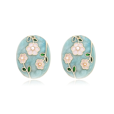Floral Enamel Stud Earrings Oval Zinc Alloy With Imitation Artificial Pearl French Vintage Pastoral Flower Ear Jewelry For Women