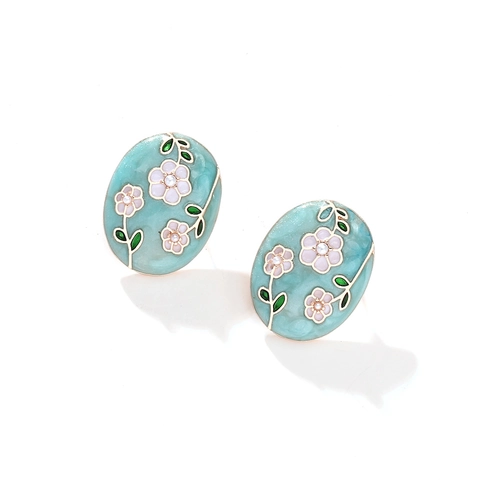 Floral Enamel Stud Earrings Oval Zinc Alloy With Imitation Artificial Pearl French Vintage Pastoral Flower Ear Jewelry For Women