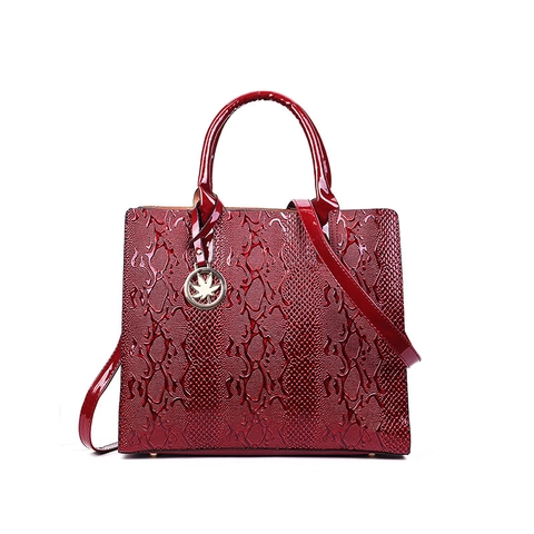 Women Handbag PU Leather Snake Embossed Patent Top Handle Tote Shoulder Bag Metallic Leaf Decor Fashion Chic