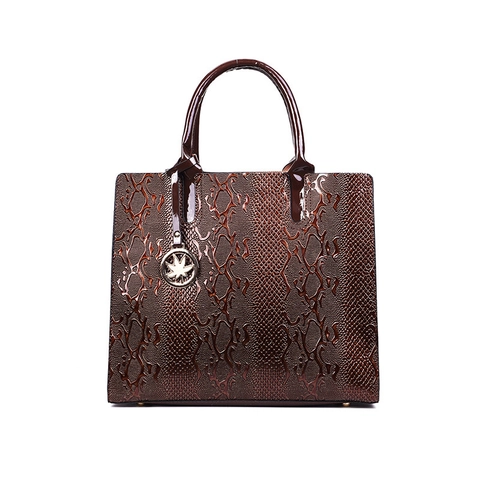 Women Handbag PU Leather Snake Embossed Patent Top Handle Tote Shoulder Bag Metallic Leaf Decor Fashion Chic