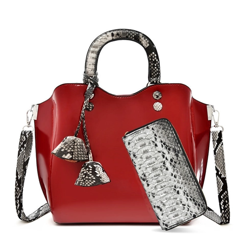 Bolso De Mano Y Cartera Para Mujer De Cuero Charol Brillante Estampado De Serpiente Bolso De Hombro Elegante Oficina