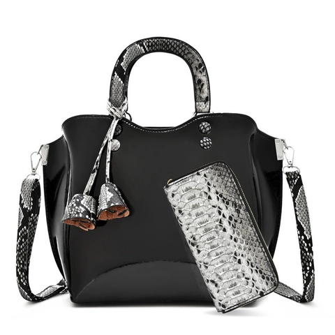 Bolso De Mano Y Cartera Para Mujer De Cuero Charol Brillante Estampado De Serpiente Bolso De Hombro Elegante Oficina