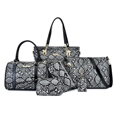 Fashion Women Python Snake Print PU Leather Bag Set Including Tote Shoulder Bag Handbag Clutch Wallet With Gold Hardware