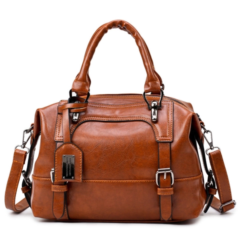 Retro Boston Handtas PU Leer Olie Textuur Dubbel Handvat Schoudertas Vintage Dames Casual Tote