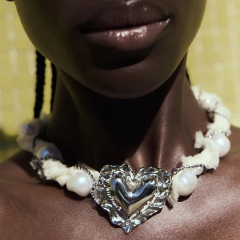 Heart Pendant Necklace With Mesh Fabric And Rhinestone Chain Imitation Artificial Pearl Retro Style For Women
