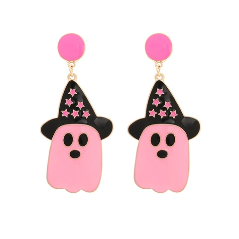 Cute Pink Ghost Dangle Earrings With Black Witch Hat Star Enamel Halloween Jewelry For Women Girls Cartoon Festive Style