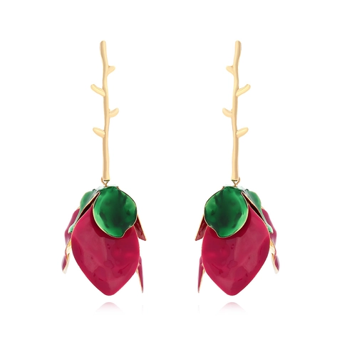 Vintage 3D Rose Flower Drop Earrings With Golden Branch Zinc Alloy Enamel Dangle For Women Artistic Luxury