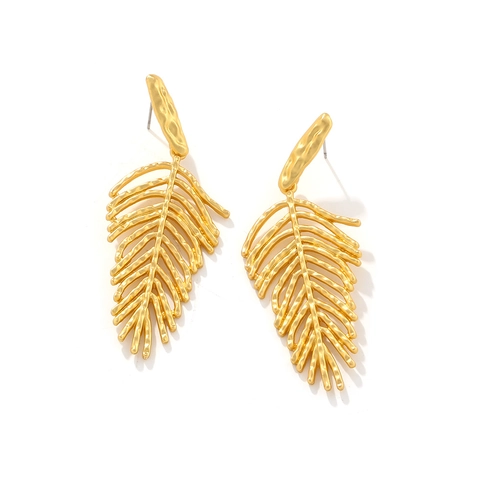 Gehamerd Gouden Palmblad Druppeloorbellen Boho Metalen Getextureerde Tropische Dangle Sieraden Voor Vrouwen Lange Mode Accessoire