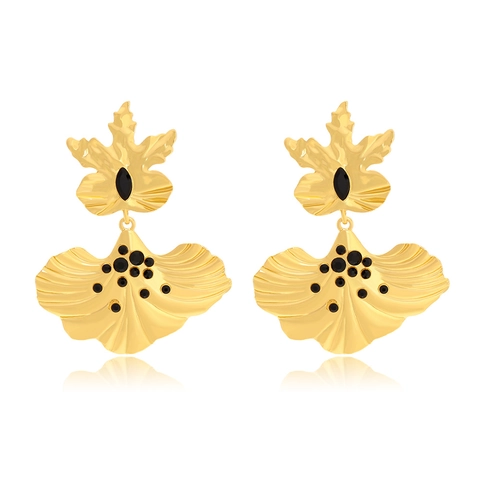 Vintage Ginkgo Leaf Drop Earrings Zinc Alloy Black Rhinestone Double Layer Textured Flower Dangle For Women Retro Style