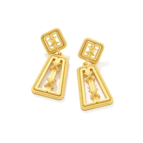 Orecchini Geometrici Vintage Lega Di Zinco Trapezio Cavo Quadrato Motivo X Texture A Costine Tono Oro Per Donne