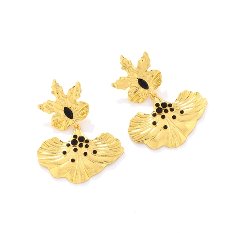 Vintage Ginkgo Leaf Drop Earrings Zinc Alloy Black Rhinestone Double Layer Textured Flower Dangle For Women Retro Style