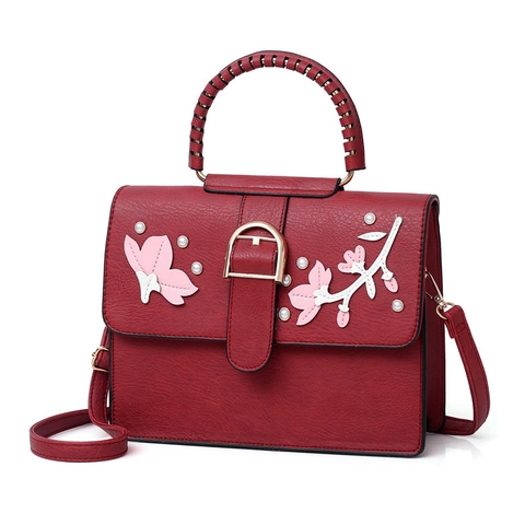 Women Handbag Wallet And Card Holder PU Leather Floral Embroidery Artificial Pearl Decor Woven Handle Shoulder Crossbody Bag Versatile