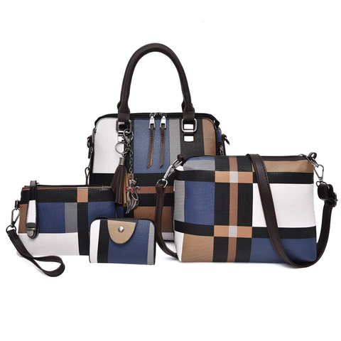 Trendige PU Geometrische Farbblock Kariert Verbundtaschen Set Casual Henkeltasche Umhängetasche Handtasche Quastenanhänger Für Damen